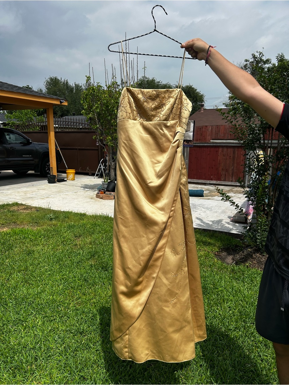 Niki Lavis Gold Satin Strapless Evening Gown